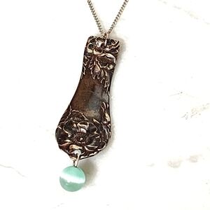 Flower Spoon Pendant Necklace Artisan Silver Plated Chain 18" Handmade Drop Bead